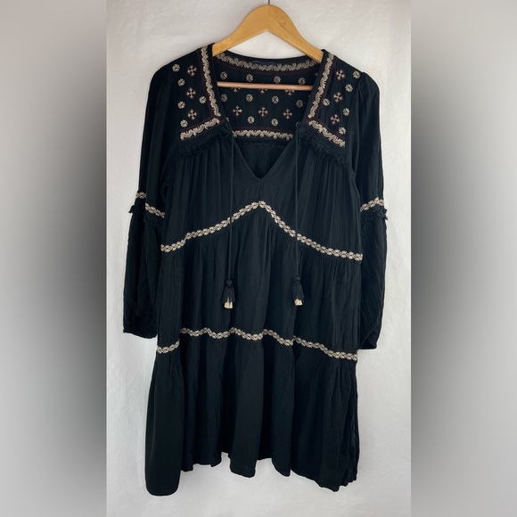 AEO American Eagle Outfitters Mini Dress Women’s L Black Embroidered Bohemian - Picture 2 of 16